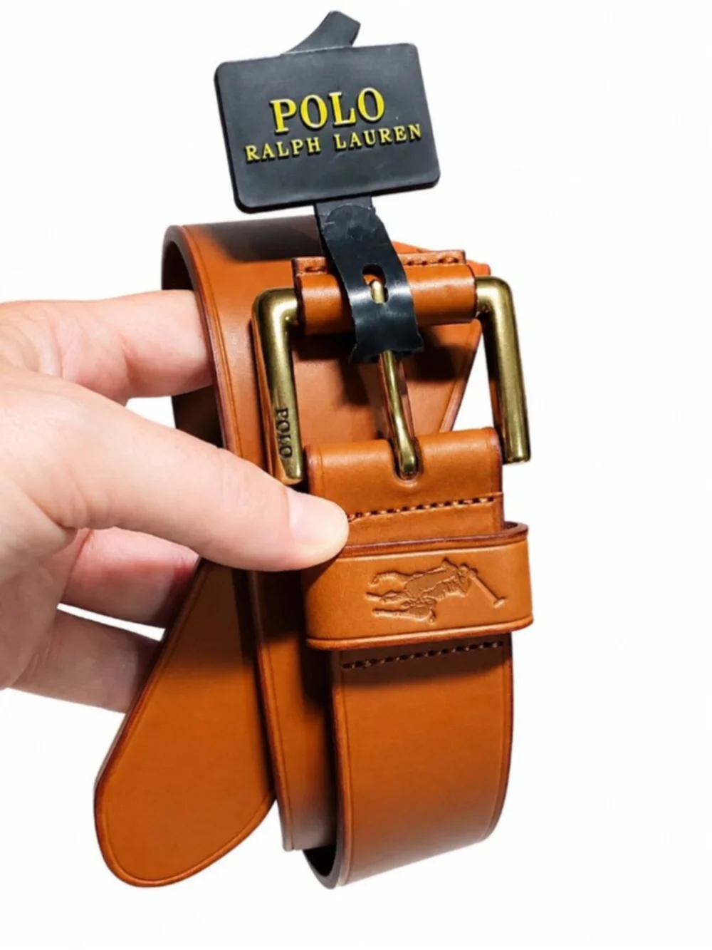 POLO RALPH LAUREN NWT Leather Belt Tan Brass 32 Embossed Pony Logo Dress Office